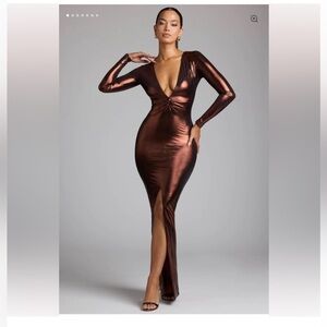 NWT OH POLLY LONG SLEEVE METALLIC JERSEY EVENING GOWN IN COPPER BRONZE 4